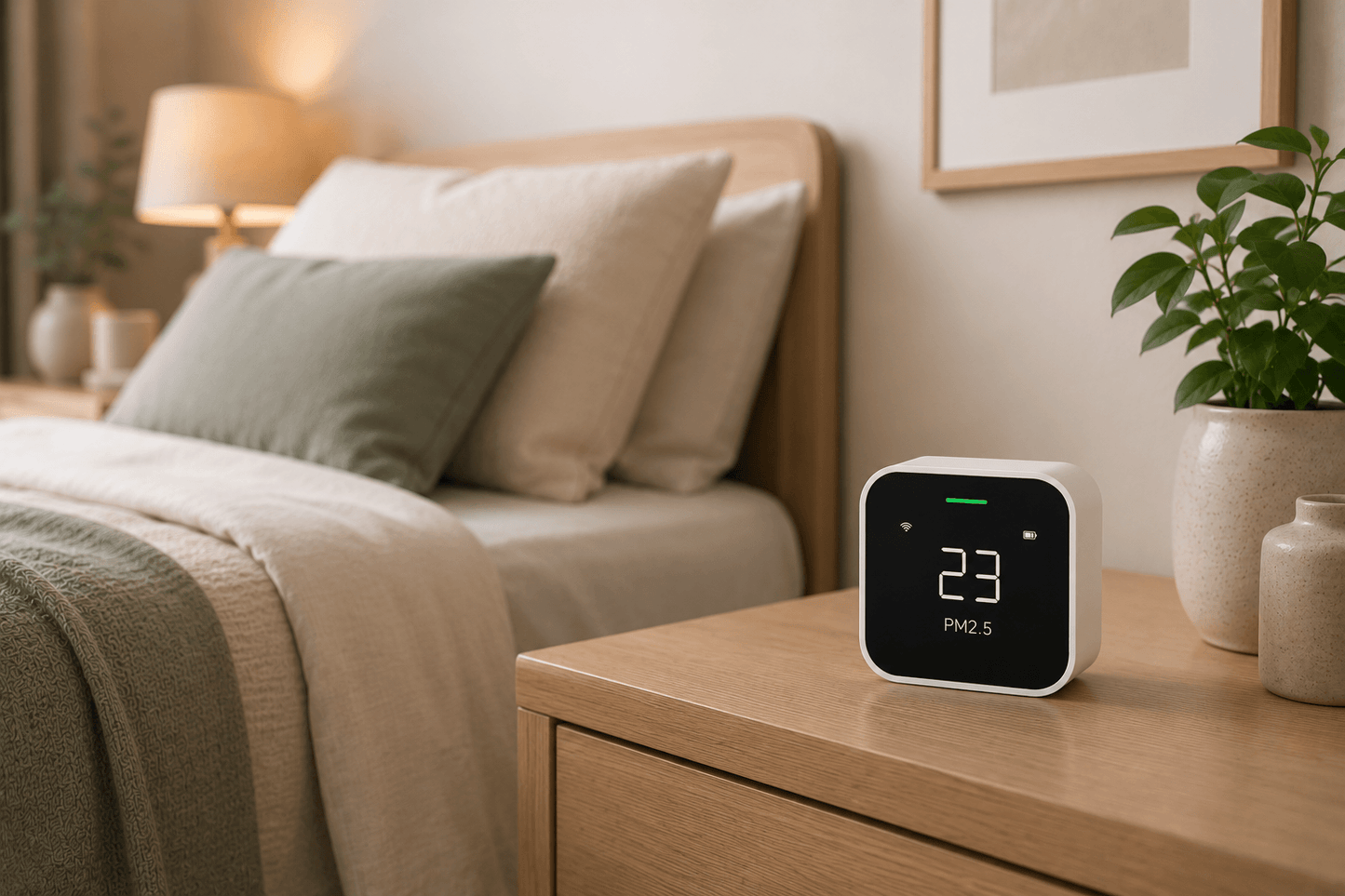 Qingping Lite air quality monitor front view — OLED display showing PM2.5, CO₂, humidity, and temperature readings. Available online in Australia. 