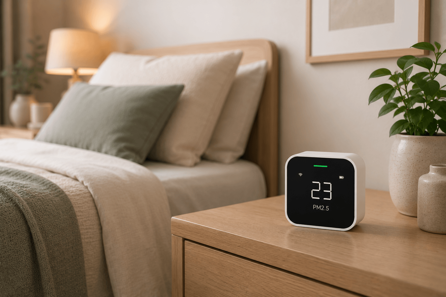 Qingping Lite air quality monitor front view — OLED display showing PM2.5, CO₂, humidity, and temperature readings. Available online in Australia. 