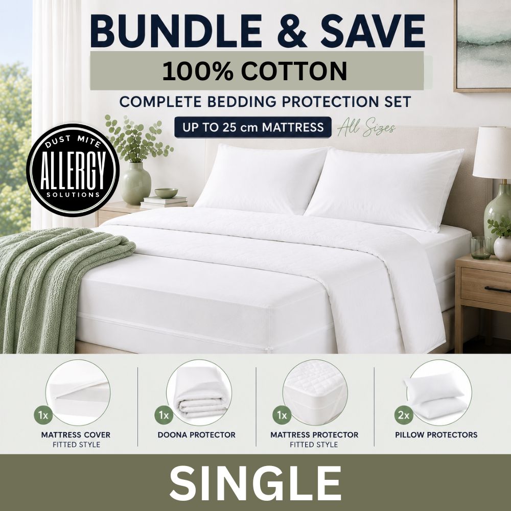 Complete dust mite bedding protection set with mattress cover, doona protector, and pillow protectors on a bed in a bedroom setting.