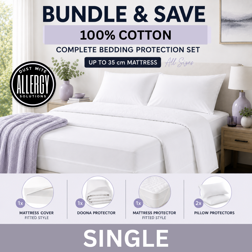 Single Size Complete bedding dust mite protection set with mattress cover, doona protector, and pillow protectors on a bed.