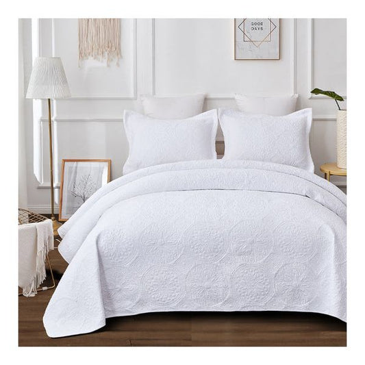 100% Cotton Quilted 3 pcs Bedspread Coverlet Set  I King I Antique White 