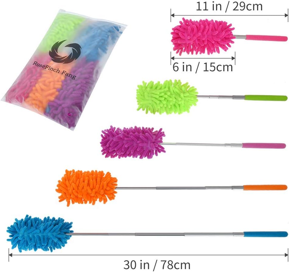 Set of colorful microfiber cleaning dusters with measurements on a white background