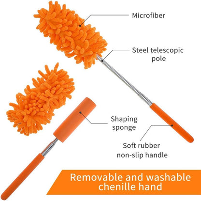 Cleaning tool with microfiber, telescopic pole, shaping sponge, and soft rubber handle on a white background.