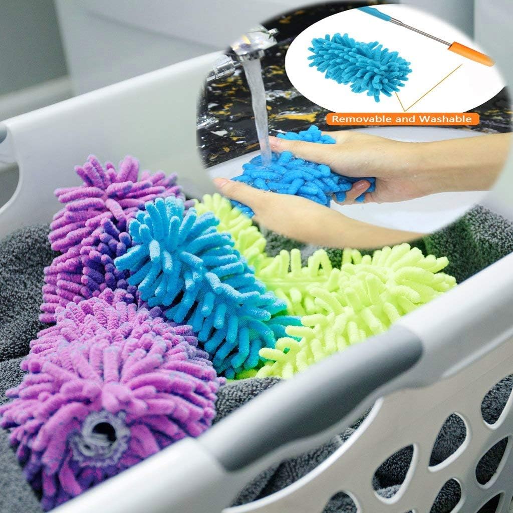 Colorful microfiber cleaning pads in a laundry basket with water being poured over them.