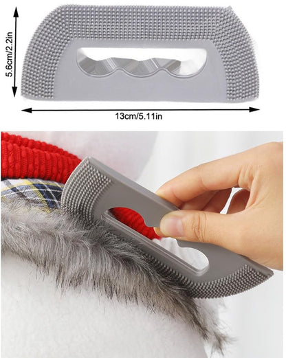 Pet grooming brush with measurements and usage on a pet's fur.