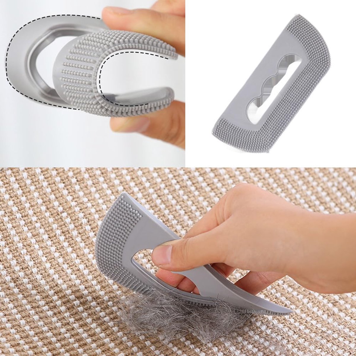 Gray pet hair remover with bristles being used on a textured surface.