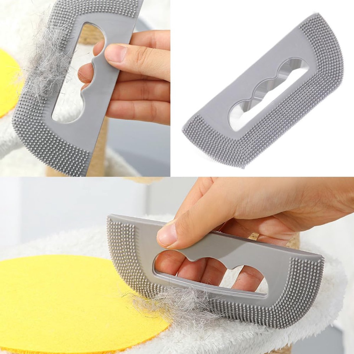 Gray pet grooming tool with textured surface being used on a yellow and white fabric background.