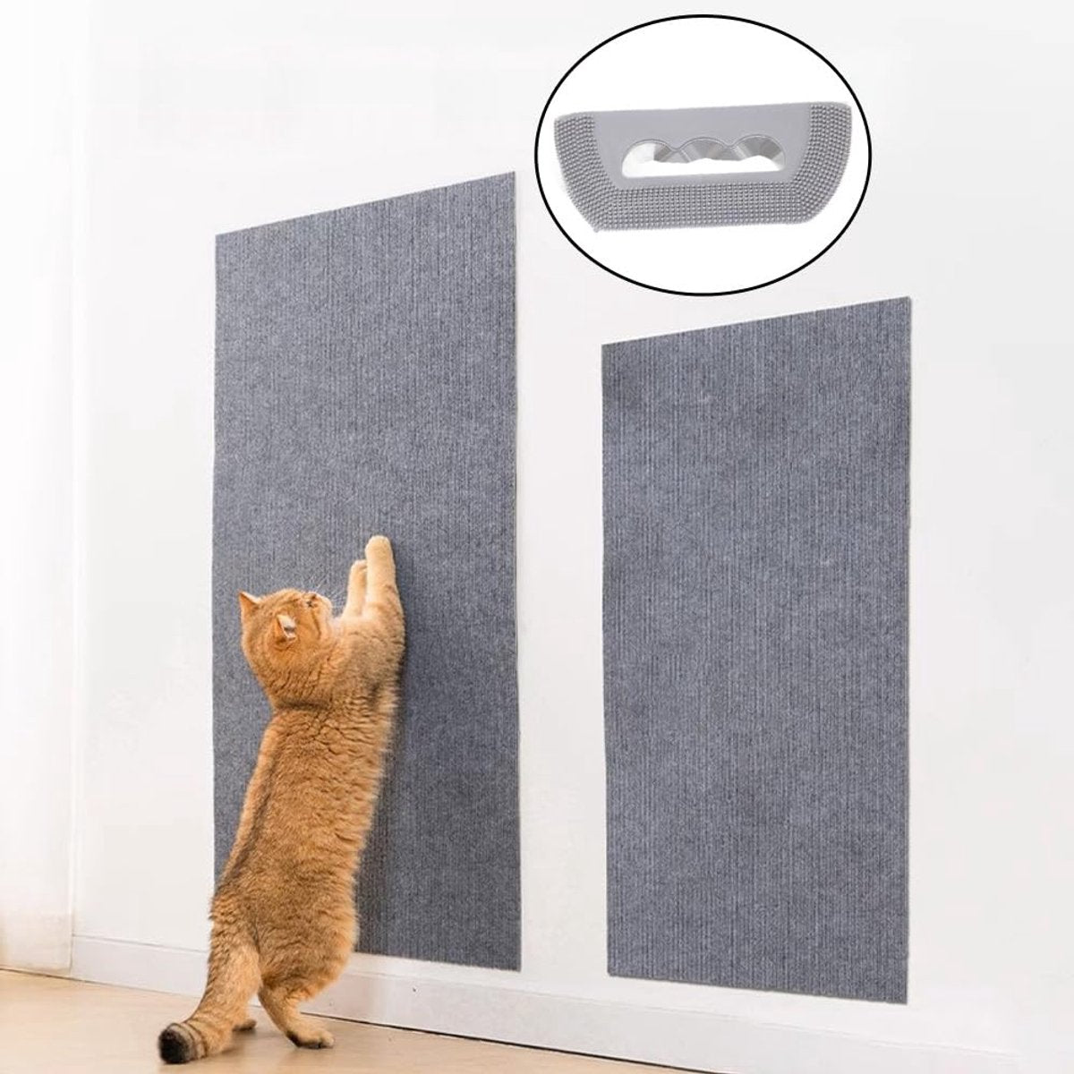 Cat using a gray scratching pad on a white wall.