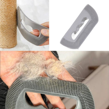 Pet grooming tool with close-up shots of use on a white background
