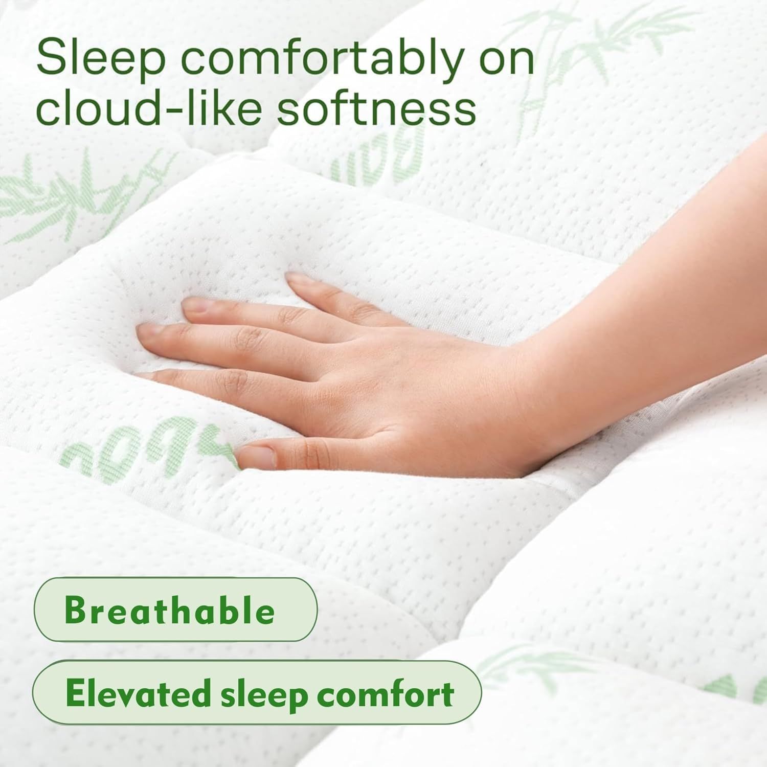 Hand on a cloud-like soft pillow with text highlighting comfort and breathability.