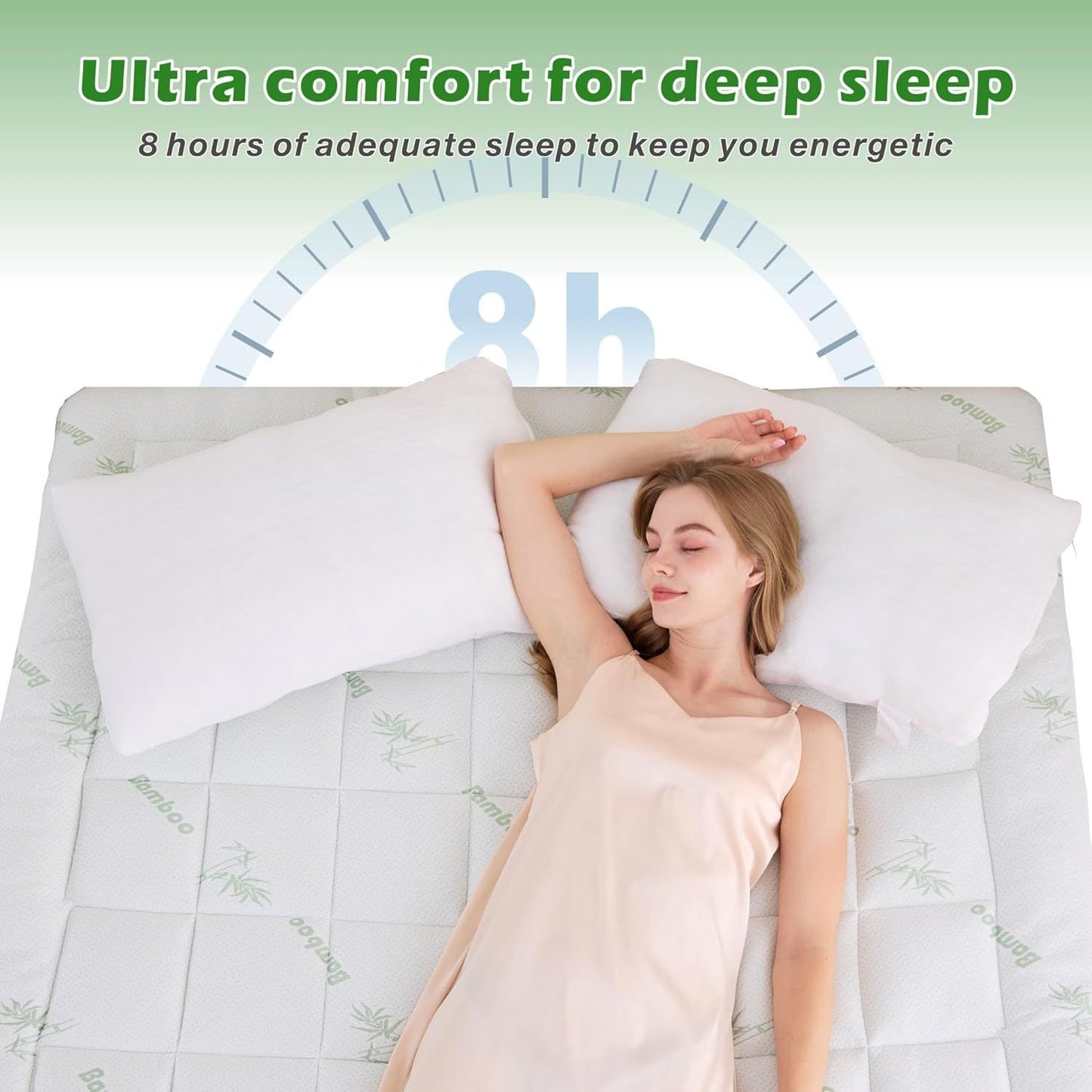 Woman sleeping on a mattress with text about deep sleep and energy levels.