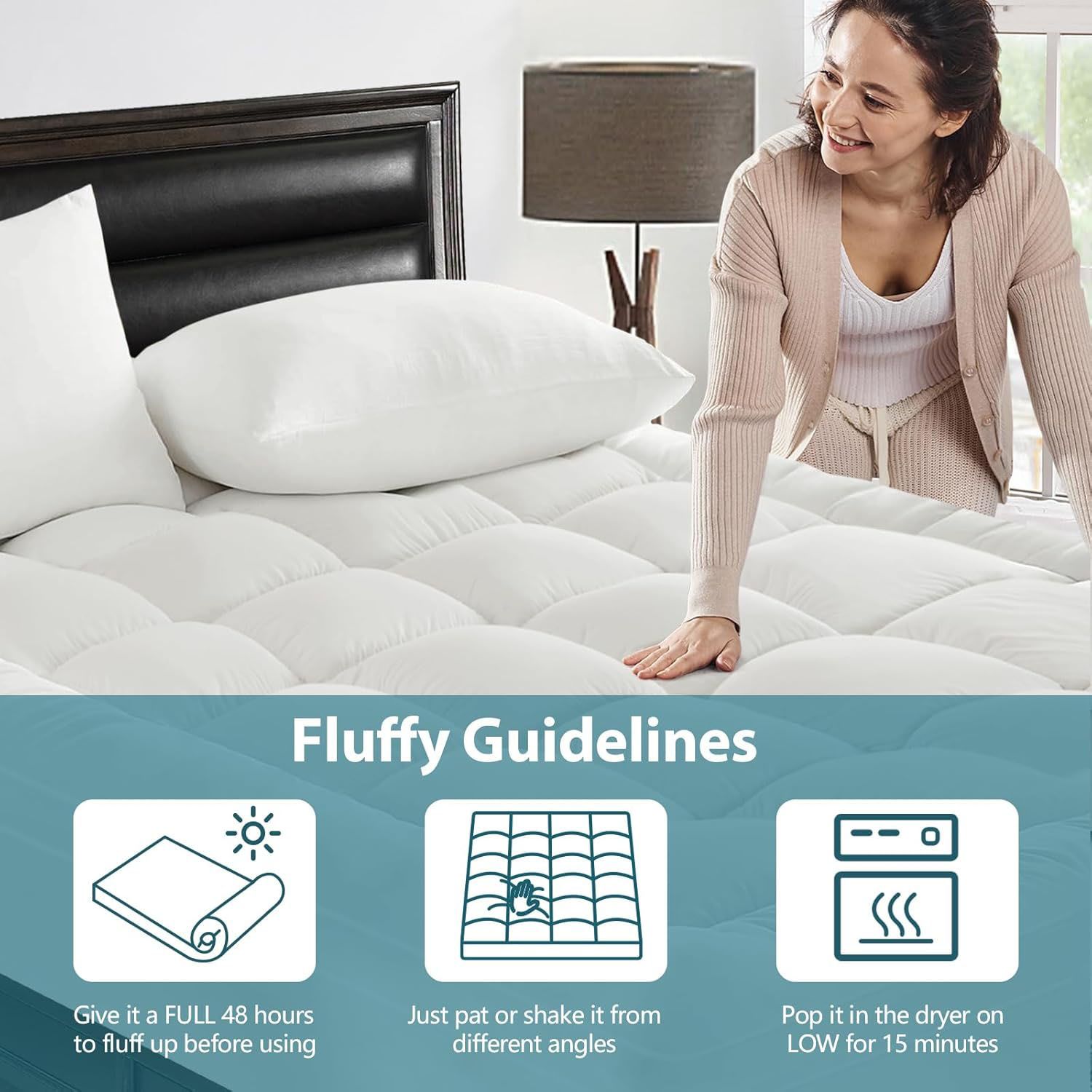 Woman standing next to a bed with a mattress protector, fluffing it up, with text on fluffy guidelines.