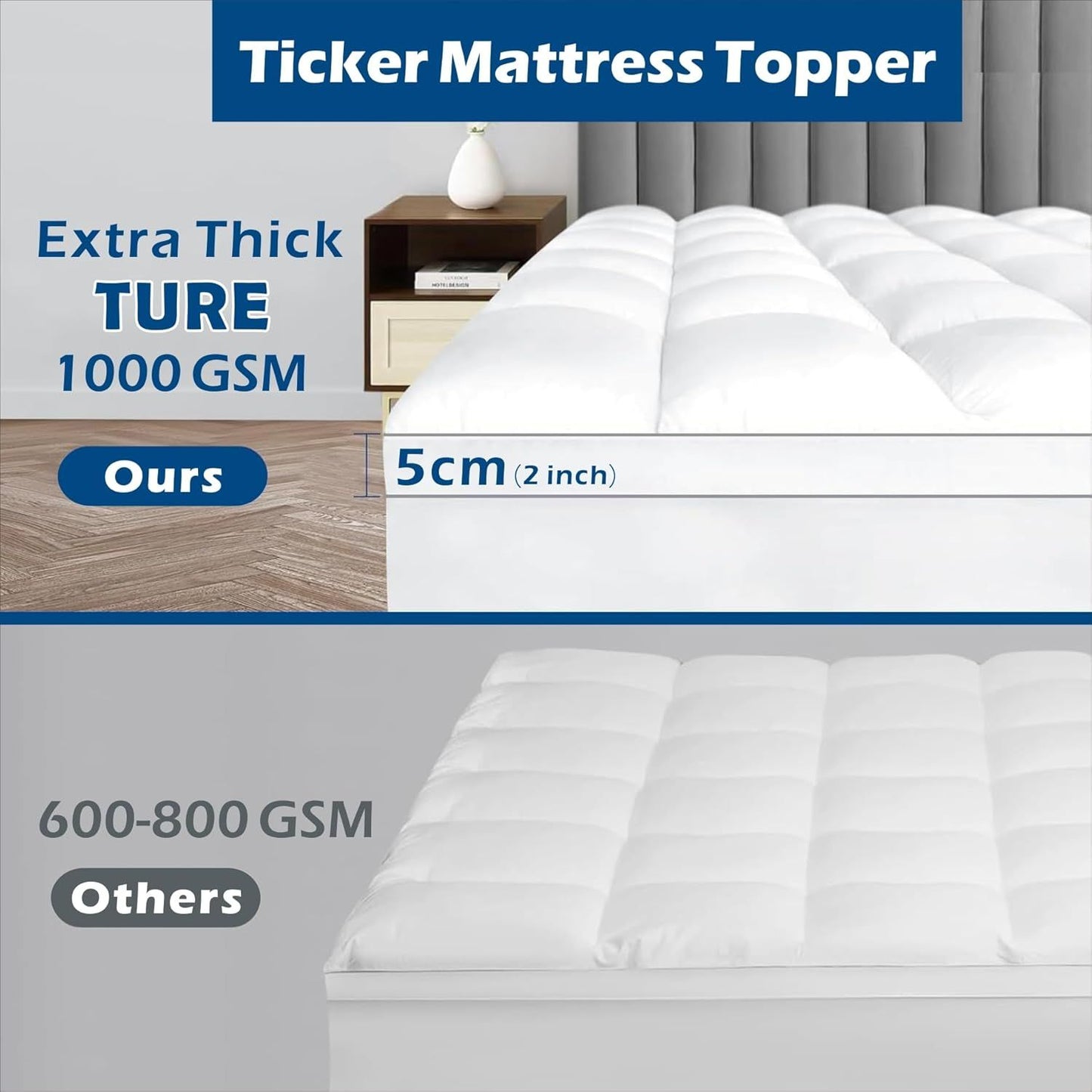 1000GSM Bamboo Viscose Pillowtop Mattress Topper | Queen | Beige