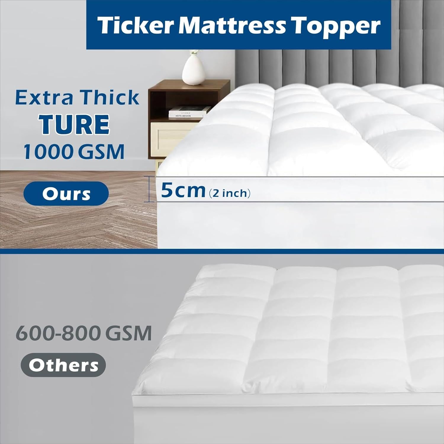 1000GSM Bamboo Viscose Pillowtop Mattress Topper | Queen | Beige