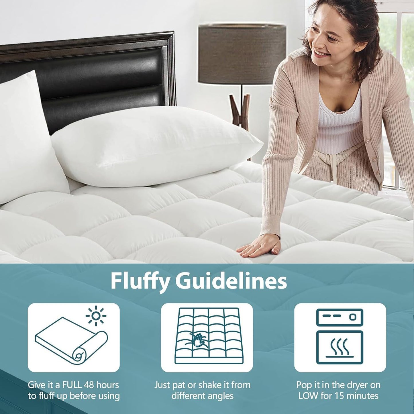 Woman standing next to a bed with a mattress protector, fluffing it up, with text on fluffy guidelines.