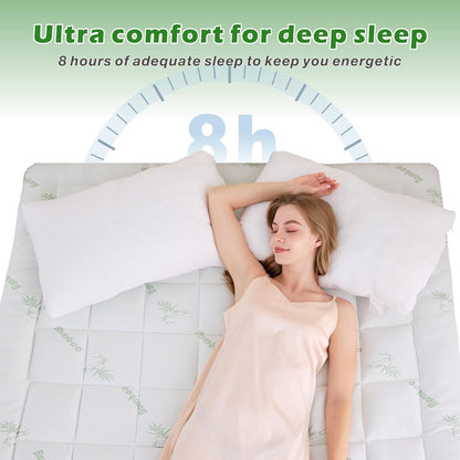 Woman sleeping on a mattress with text about deep sleep and energy levels.