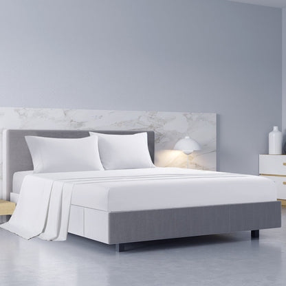 Gray bed with marble headboard. King size white bamboo cotton fitted sheet deep pocket 40cm Dust Mite Allergy Solutions Australia.