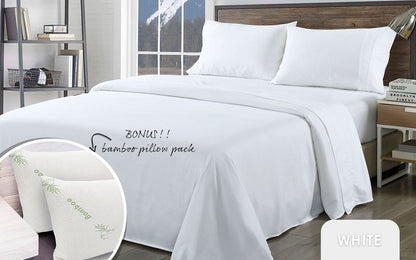 Royal Comfort 1000TC Bamboo Blend Sheet Set + 2 Bamboo Pillows | Queen | White