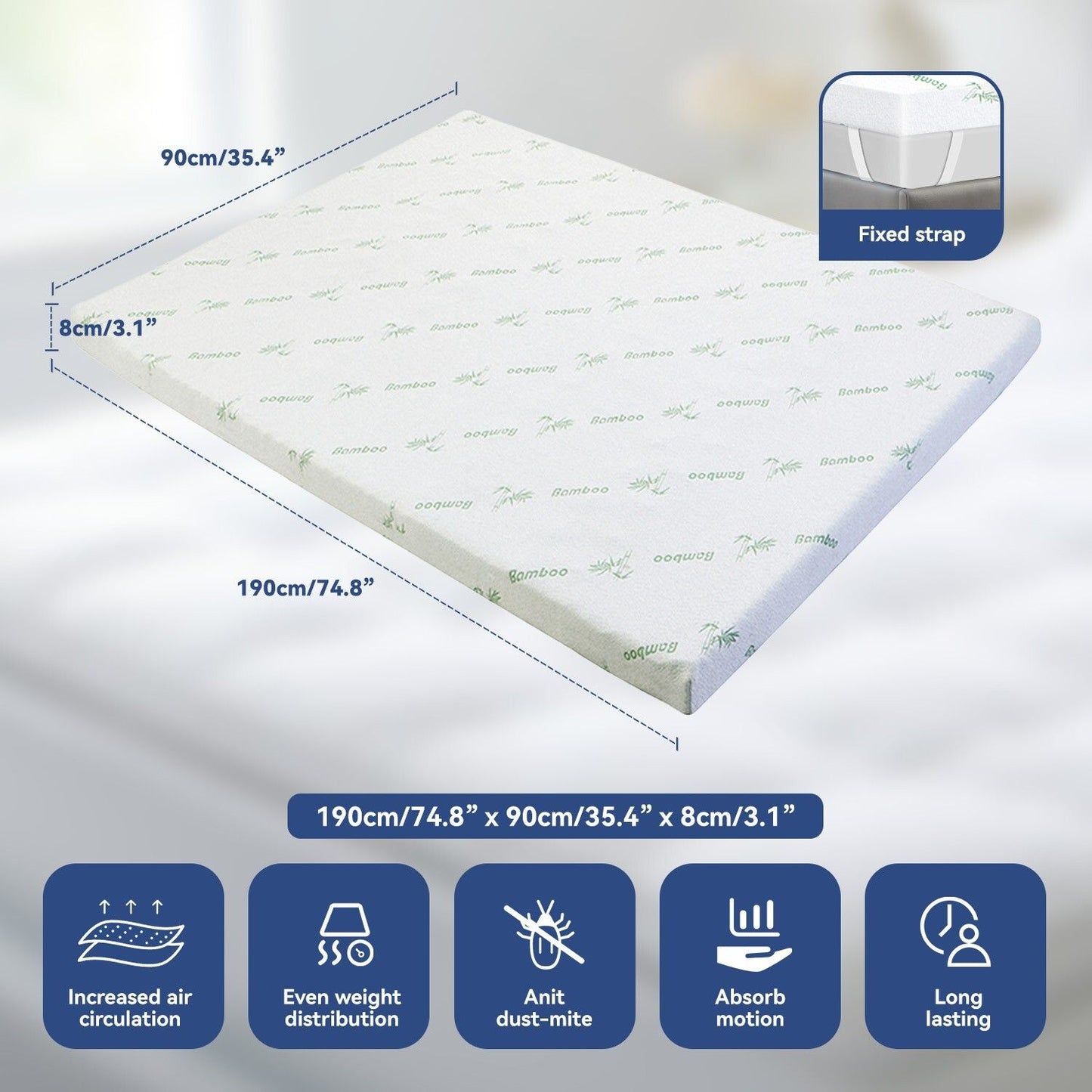Memory Foam Mattress Topper | 7-Zone | Bamboo Cover | 8cm | Single