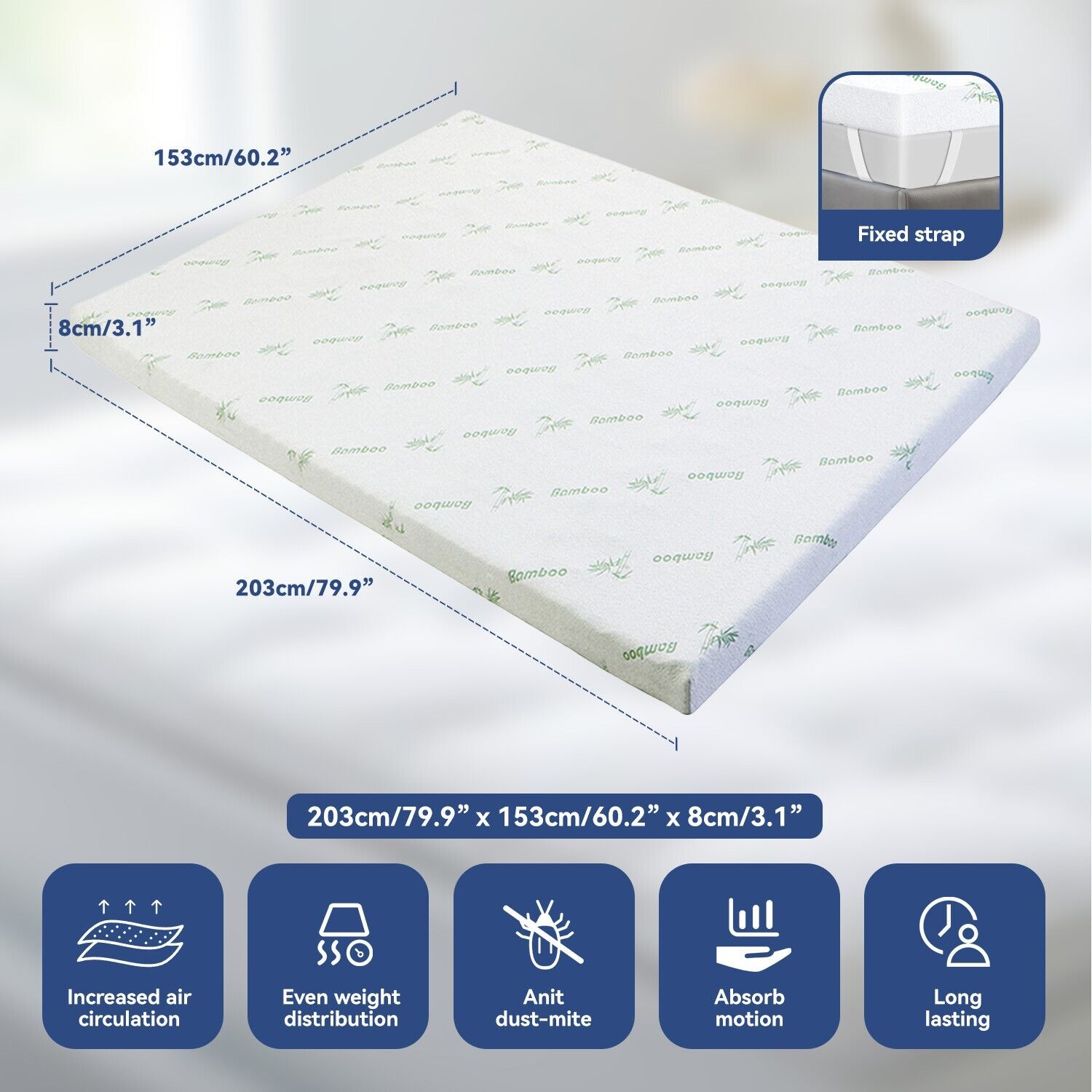 Memory Foam Mattress Topper | 7-Zone | Bamboo Cover | 8cm | Queen