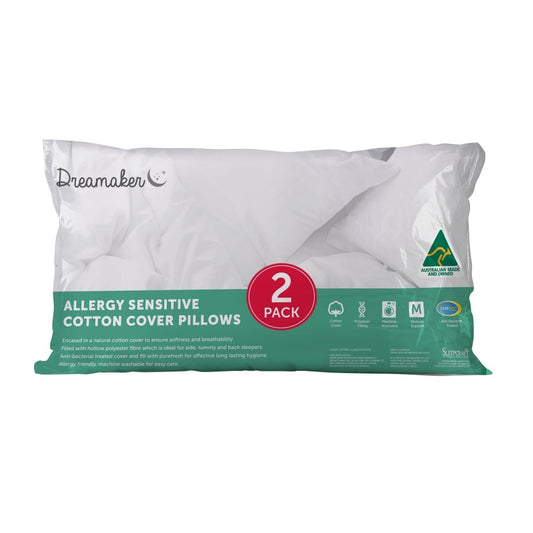 Dreamaker Allergy Sensitive Cotton Cover Pillow 2 Pack - Dust Mite Allergy Solutions