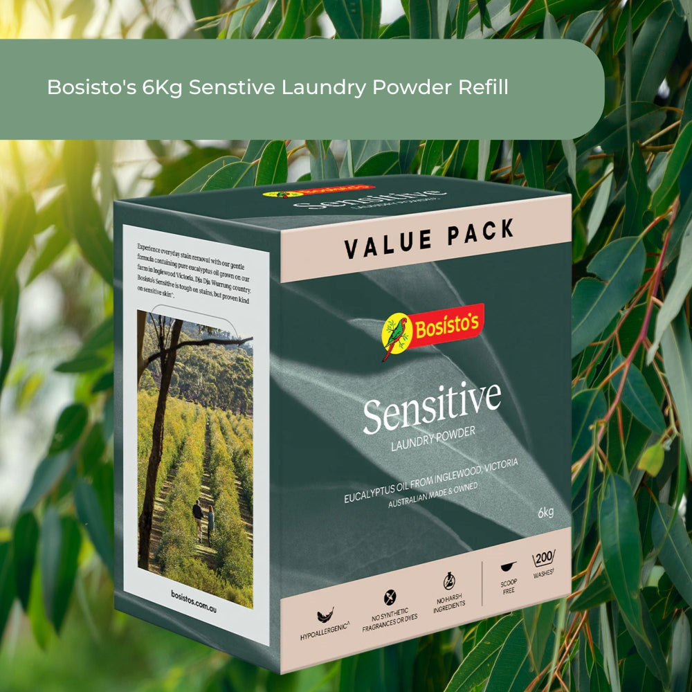 Bosisto's Sensitive Laundry Powder Refill packaging with greenery in the background