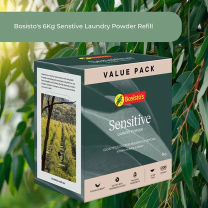 Bosisto's Sensitive Laundry Powder Refill packaging with greenery in the background