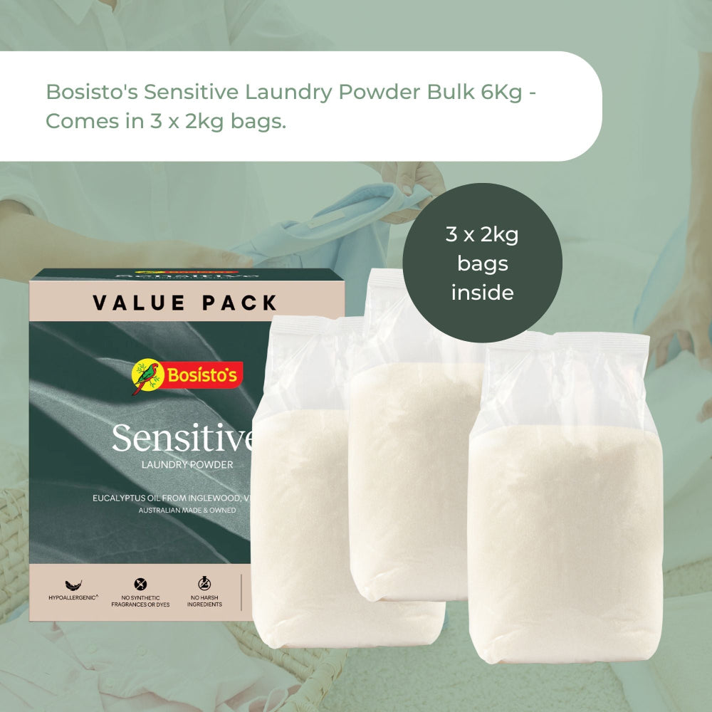 Bosisto's Hypoallergenic laundry powder made in Australia - Sensitive Laundry Powder packaging with three 2kg bags on a light green background.