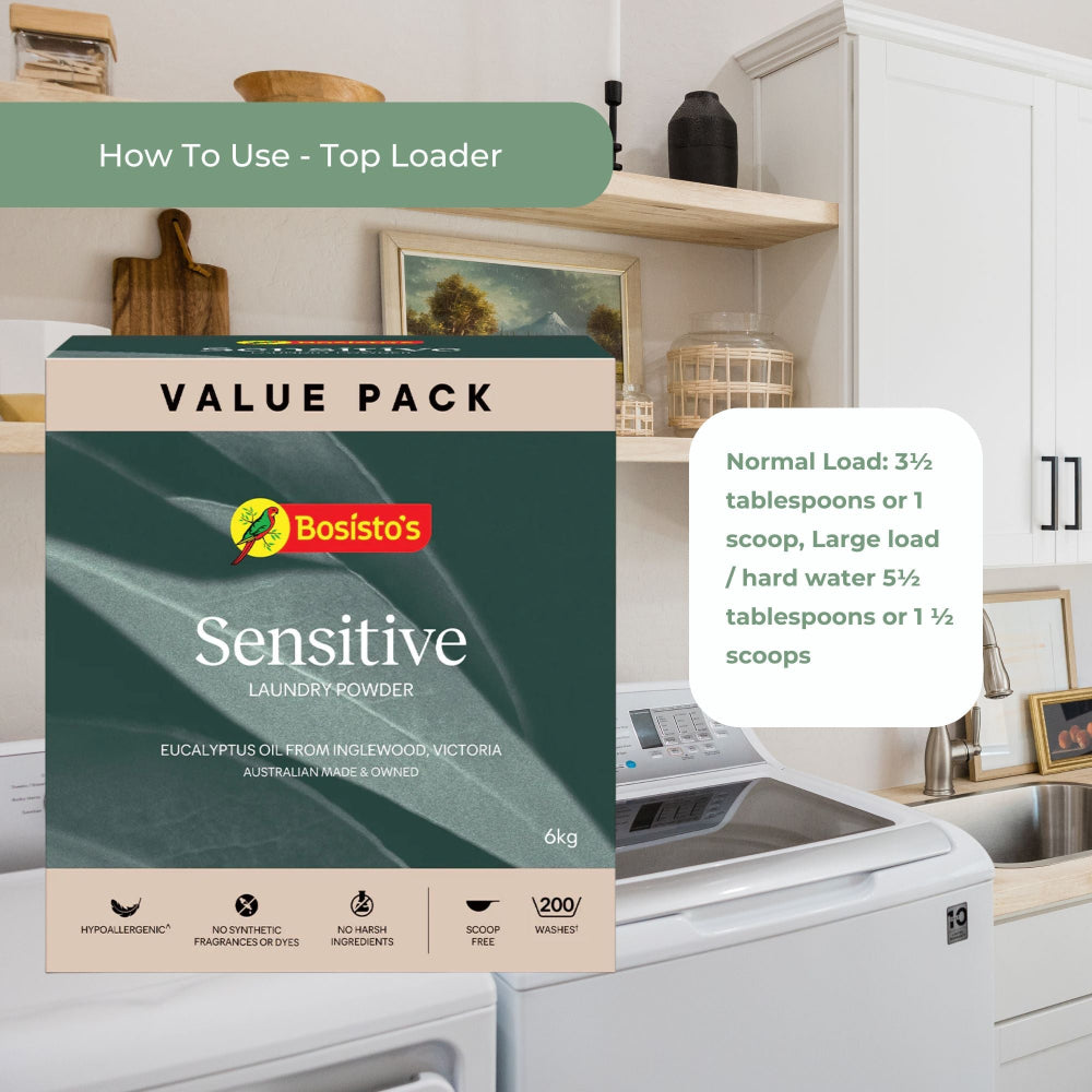 Bosistos Sensitive laundry powder box with kitchen background