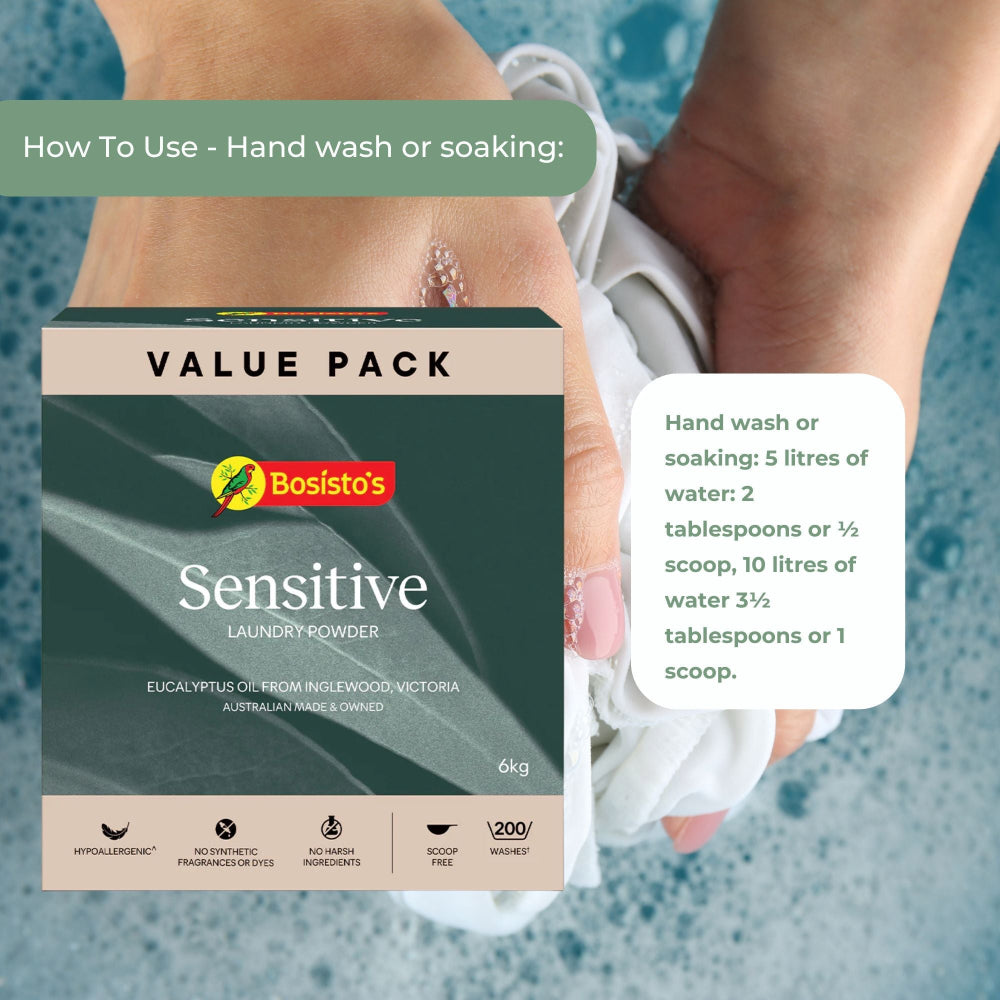 Bosistos Sensitive laundry powder value pack with usage instructions on a blue background