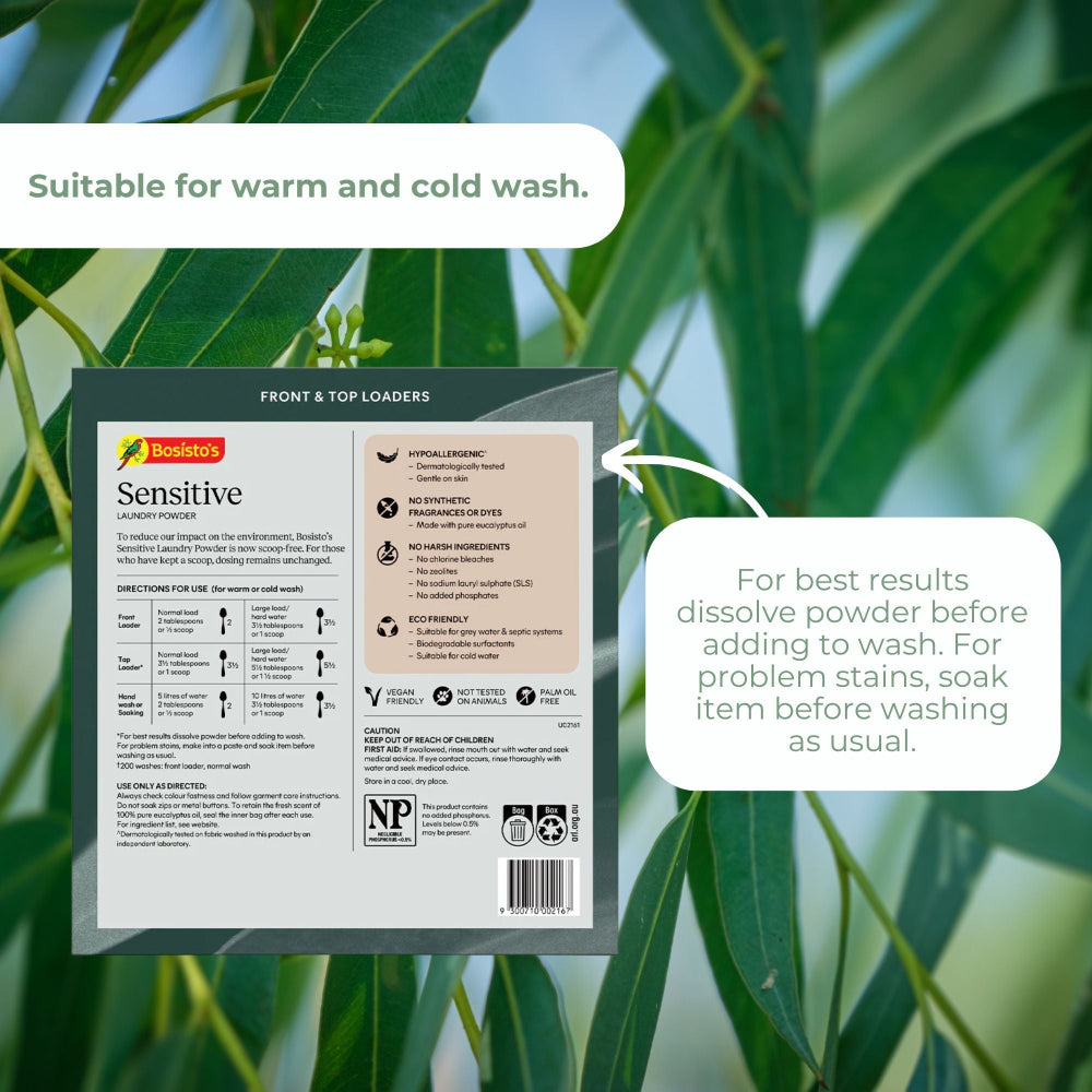 Benton Sensitive laundry detergent Hypoallergenic laundry powder made in Australia - packaging with green leafy background
