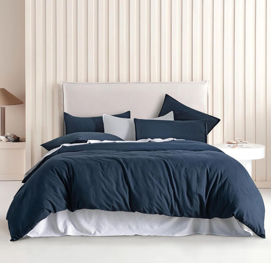 Vintage Washed Microfibre Quilt Cover Set I Navy I Queen