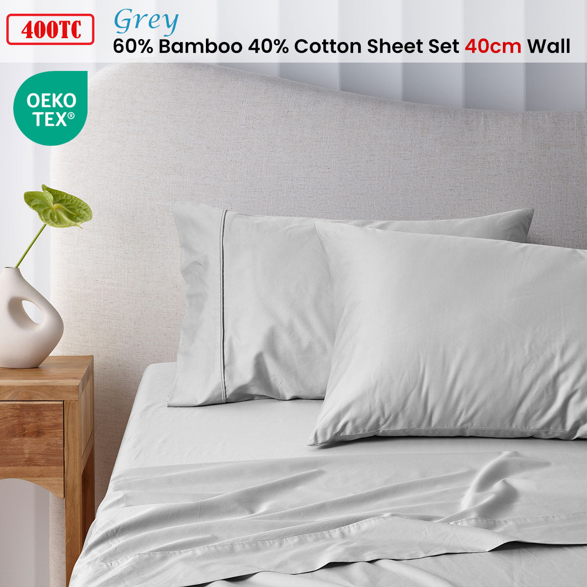 Accessorize 400TC Bamboo Cotton Sheet Set | Single | Grey
