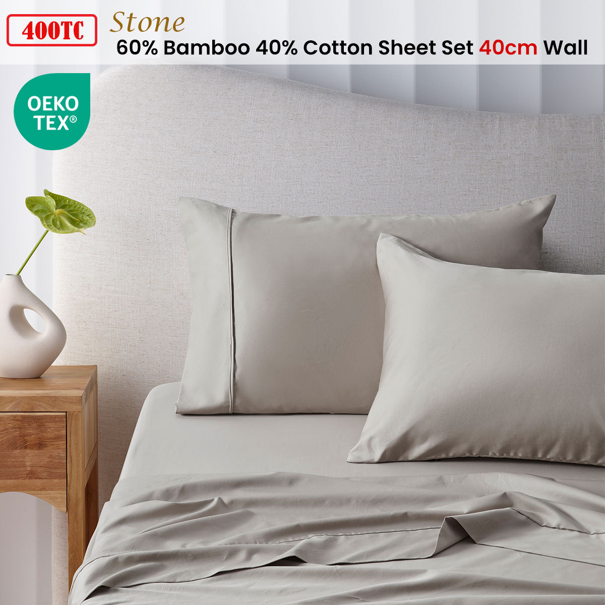 Accessorize 400TC Bamboo Cotton Sheet Set | Single | Stone