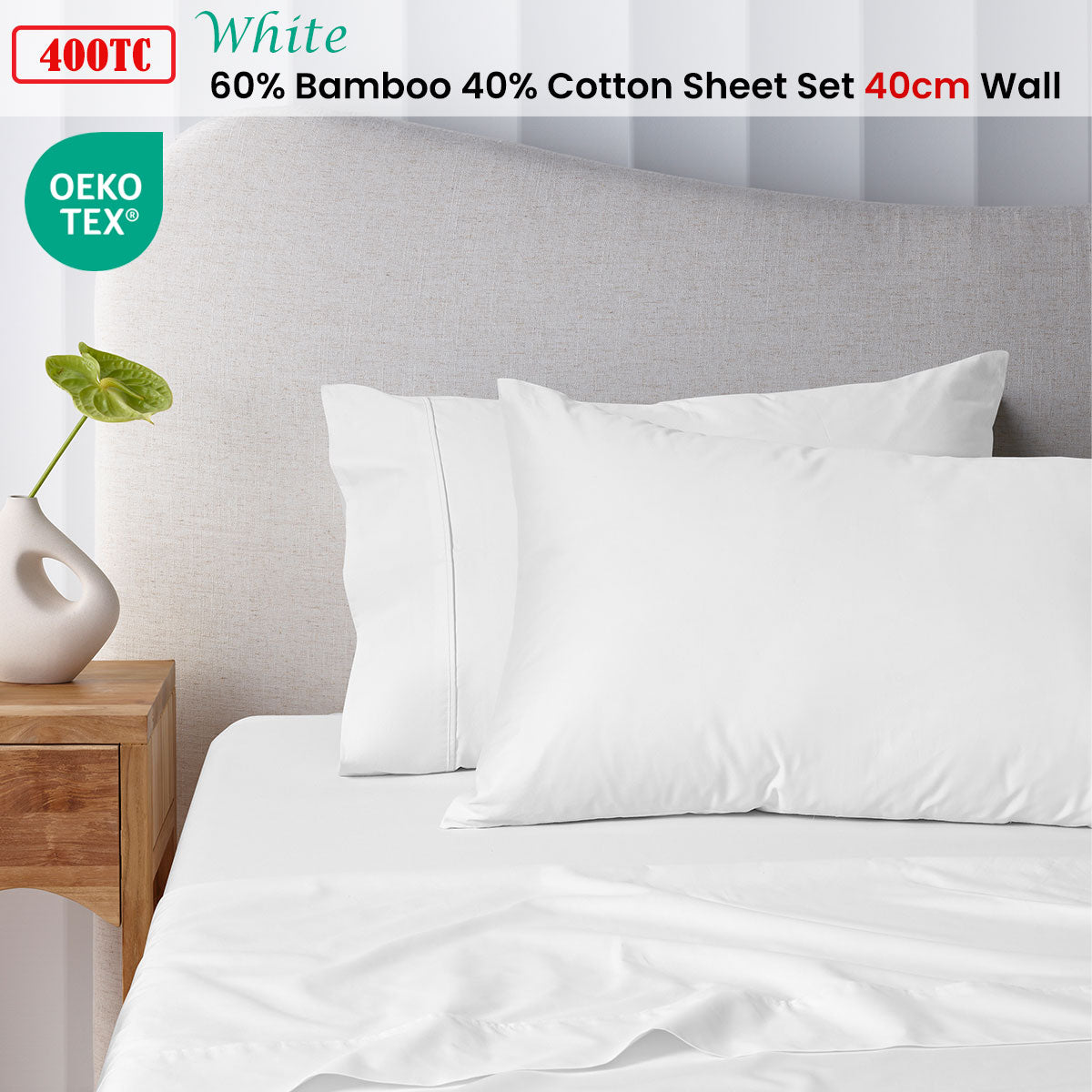 Accessorize | Bamboo Cotton Sheet Set | 400TC | Single | White