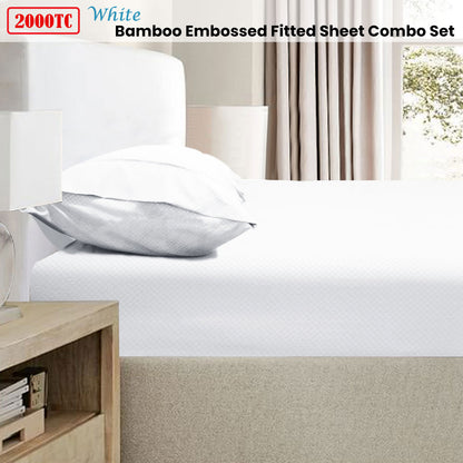 Ramesses 2000TC Bamboo Embossed Fitted Sheet Combo Set | King | White