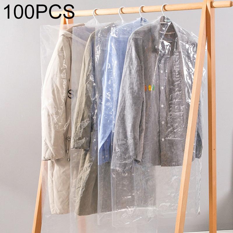 Three shirts hanging on a rack with clear garment bags, labeled '100PCS'.