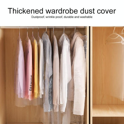 Thickened wardrobe dust cover with hanging clothes inside a wooden wardrobe.