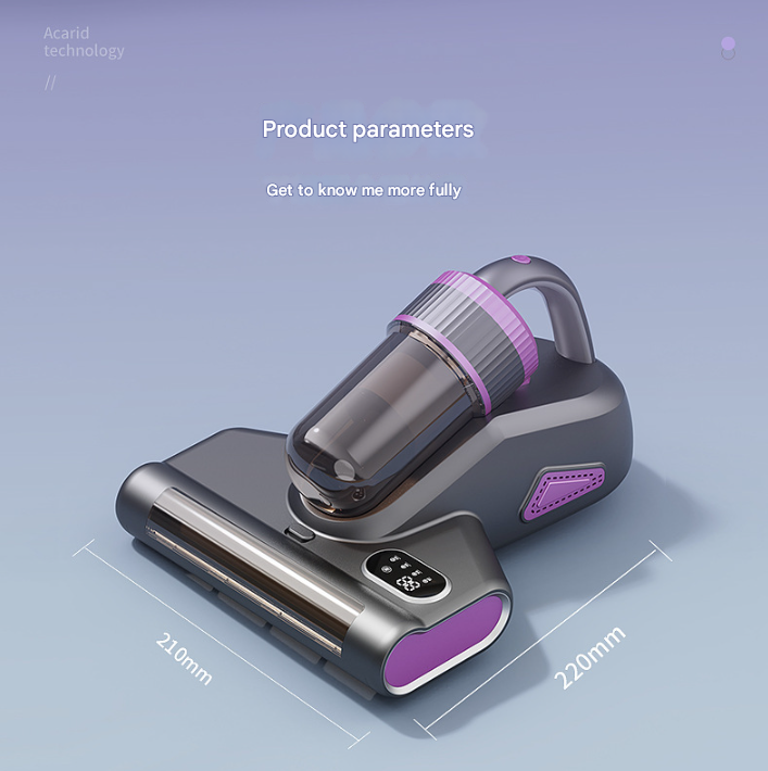 Handheld dust mite vacuum cleaner with purple accents on a light blue background