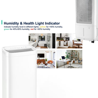 Air purifier with humidity and health light indicator feature, shown in various indoor settings.