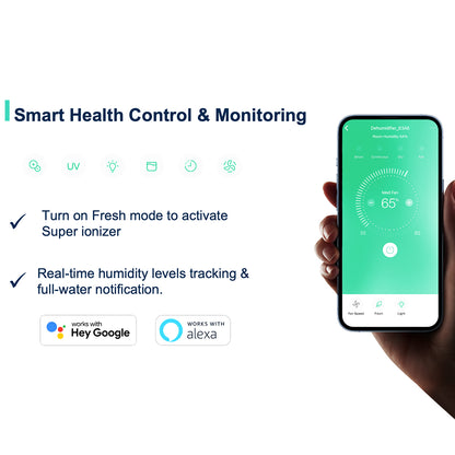 Smart device app interface with a hand holding a phone displaying the app on a white background.