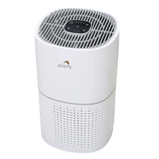 White air purifier suitable for people with dust mite allergies with a textured design on a white background