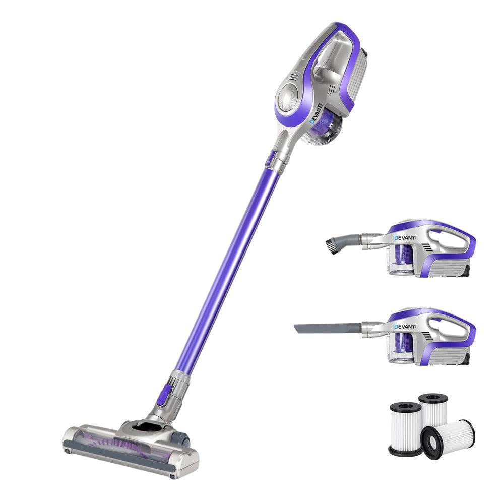 Purple and silver cordless vacuum cleaner with attachments on a white background