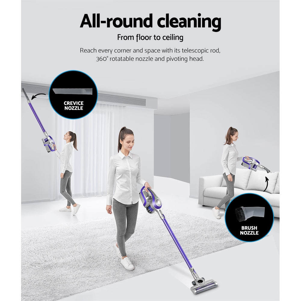 Person using a vacuum cleaner with text about all-round cleaning capabilities in a modern living room.