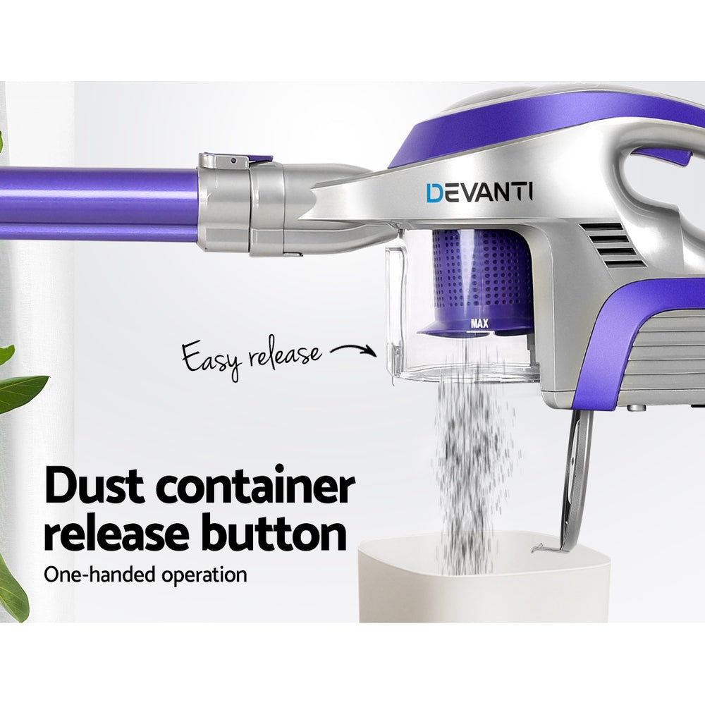 Devanti handheld vacuum cleaner with dust container release button feature on a white background