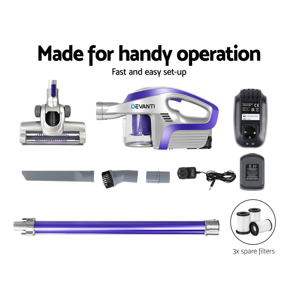 Devanti handheld vacuum cleaner set with attachments and spare filters on a white background