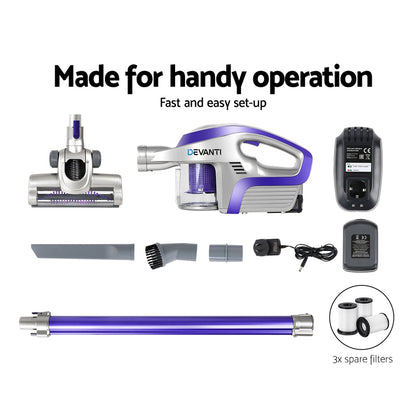 Devanti handheld vacuum cleaner set with attachments and spare filters on a white background