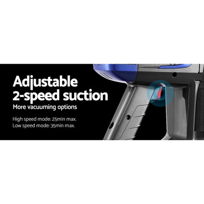 Vacuum cleaner with adjustable 2-speed suction feature on a white background