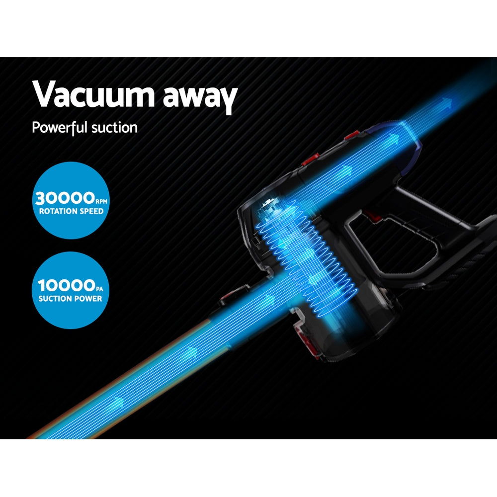 HEPA Filter Vacuum cleaner with blue light on a black background, highlighting suction power and rotation speed.
