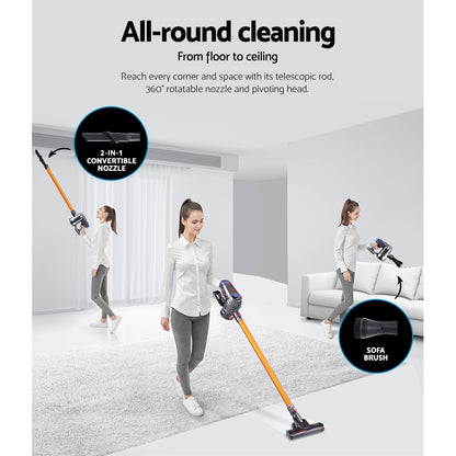 Person using a HEPA Filter  vacuum cleaner with text highlighting its features in a modern living room.